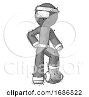 Sketch Ninja Warrior Man Standing With Foot On Football
