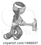 Poster, Art Print Of Sketch Ninja Warrior Man With Ax Hitting Striking Or Chopping