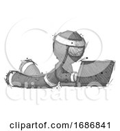 Poster, Art Print Of Sketch Ninja Warrior Man Using Laptop Computer While Lying On Floor Side Angled View