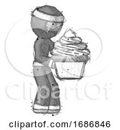 Poster, Art Print Of Sketch Ninja Warrior Man Holding Large Cupcake Ready To Eat Or Serve