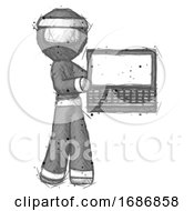 Sketch Ninja Warrior Man Holding Laptop Computer Presenting Something On Screen