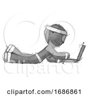 Poster, Art Print Of Sketch Ninja Warrior Man Using Laptop Computer While Lying On Floor Side View