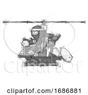 Poster, Art Print Of Sketch Ninja Warrior Man Flying In Gyrocopter Front Side Angle View