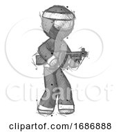 Poster, Art Print Of Sketch Ninja Warrior Man Tommy Gun Gangster Shooting Pose