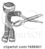 Poster, Art Print Of Sketch Ninja Warrior Man Holding Giant Scissors Cutting Out Something