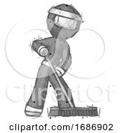 Poster, Art Print Of Sketch Ninja Warrior Man Cleaning Services Janitor Sweeping Floor With Push Broom
