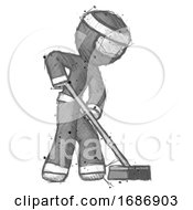 Poster, Art Print Of Sketch Ninja Warrior Man Cleaning Services Janitor Sweeping Side View