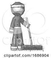 Sketch Ninja Warrior Man Standing With Industrial Broom