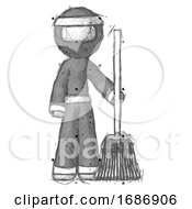 Poster, Art Print Of Sketch Ninja Warrior Man Standing With Broom Cleaning Services