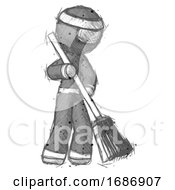 Sketch Ninja Warrior Man Sweeping Area With Broom
