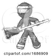 Sketch Ninja Warrior Man Broom Fighter Defense Pose