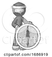 Poster, Art Print Of Sketch Ninja Warrior Man Standing Beside Large Compass
