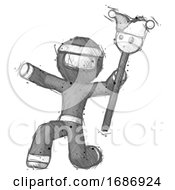 Poster, Art Print Of Sketch Ninja Warrior Man Holding Jester Staff Posing Charismatically