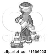 Sketch Ninja Warrior Man Holding A Traffic Cone