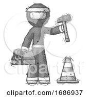 Poster, Art Print Of Sketch Ninja Warrior Man Under Construction Concept Traffic Cone And Tools