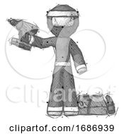 Poster, Art Print Of Sketch Ninja Warrior Man Holding Drill Ready To Work Toolchest And Tools To Right