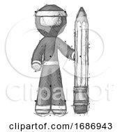 Poster, Art Print Of Sketch Ninja Warrior Man With Large Pencil Standing Ready To Write