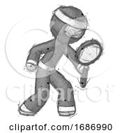 Poster, Art Print Of Sketch Ninja Warrior Man Inspecting With Large Magnifying Glass Right