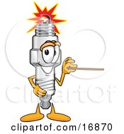Spark Plug Mascot Cartoon Character Using A Pointer Stick To Point To The Right