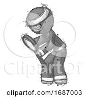 Poster, Art Print Of Sketch Ninja Warrior Man Inspecting With Large Magnifying Glass Left