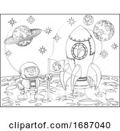 Poster, Art Print Of Rocket Astronaut And Planets Space Cartoon Scene