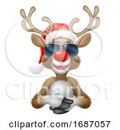 Poster, Art Print Of Christmas Reindeer Santa Hat Sunglasses Cartoon