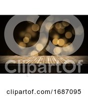 Poster, Art Print Of 3d Christmas Background With Wooden Table Looking Out To Bokeh Lights