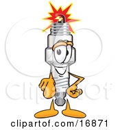 Clipart Picture Of A Spark Plug Mascot Cartoon Character Pointing Outwards At The Viewer by Toons4Biz