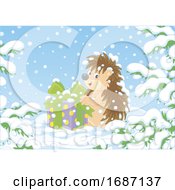 Poster, Art Print Of Hedgehog Holding A Christmas Gift In The Snow
