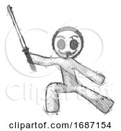Poster, Art Print Of Sketch Little Anarchist Hacker Man With Ninja Sword Katana In Defense Pose