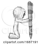 Sketch Little Anarchist Hacker Man Posing With Giant Pen In Powerful Yet Awkward Manner