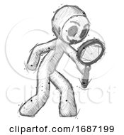 Poster, Art Print Of Sketch Little Anarchist Hacker Man Inspecting With Large Magnifying Glass Right