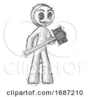 Poster, Art Print Of Sketch Little Anarchist Hacker Man With Sledgehammer Standing Ready To Work Or Defend