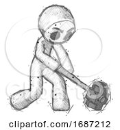 Poster, Art Print Of Sketch Little Anarchist Hacker Man Hitting With Sledgehammer Or Smashing Something At Angle