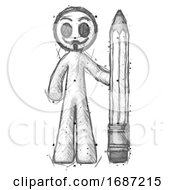 Poster, Art Print Of Sketch Little Anarchist Hacker Man With Large Pencil Standing Ready To Write