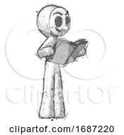 Sketch Little Anarchist Hacker Man Reading Book While Standing Up Facing Away