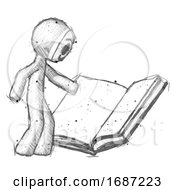 Sketch Little Anarchist Hacker Man Reading Big Book While Standing Beside It