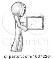 Poster, Art Print Of Sketch Little Anarchist Hacker Man Show Tablet Device Computer To Viewer Blank Area