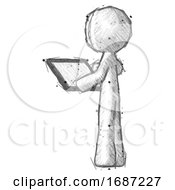 Poster, Art Print Of Sketch Little Anarchist Hacker Man Looking At Tablet Device Computer With Back To Viewer