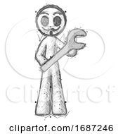 Sketch Little Anarchist Hacker Man Holding Large Wrench With Both Hands