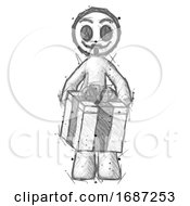 Sketch Little Anarchist Hacker Man Gifting Present With Large Bow Front View