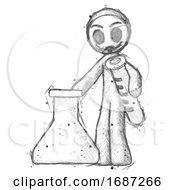 Sketch Little Anarchist Hacker Man Holding Test Tube Beside Beaker Or Flask
