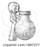 Poster, Art Print Of Sketch Little Anarchist Hacker Man Standing Beside Large Round Flask Or Beaker