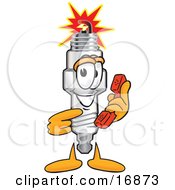Clipart Picture Of A Spark Plug Mascot Cartoon Character Holding And Pointing To A Red Phone by Toons4Biz