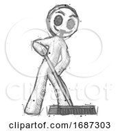 Poster, Art Print Of Sketch Little Anarchist Hacker Man Cleaning Services Janitor Sweeping Floor With Push Broom