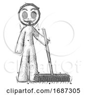 Sketch Little Anarchist Hacker Man Standing With Industrial Broom