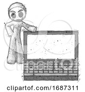 Poster, Art Print Of Sketch Little Anarchist Hacker Man Beside Large Laptop Computer Leaning Against It