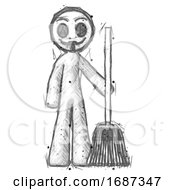 Poster, Art Print Of Sketch Little Anarchist Hacker Man Standing With Broom Cleaning Services