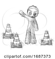 Sketch Little Anarchist Hacker Man Standing By Traffic Cones Waving