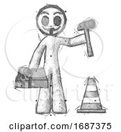 Sketch Little Anarchist Hacker Man Under Construction Concept Traffic Cone And Tools
